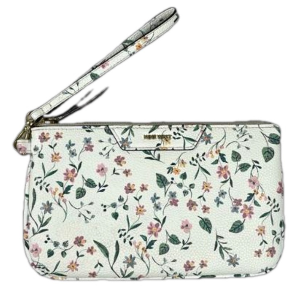 Nine West Faux Pebbled Leather Clutch Wristlet White Pastel Floral Pink